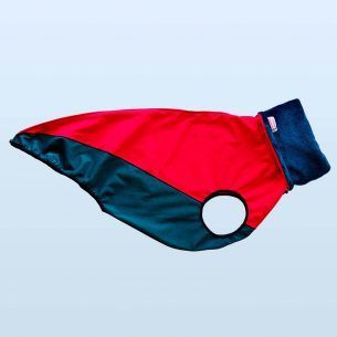 RED color spine and outer collar, PETROLEUM color chest and collar lined in soft SEA BLUE coral.